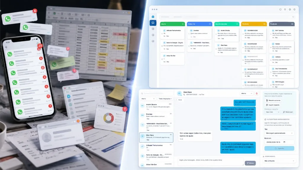 Idealize CRM — do caos no WhatsApp ao funil comercial organizado Antes e depois do comercial B2B: WhatsApp e planilha desorganizados versus funil de vendas e inbox do Idealize CRM para PMEs